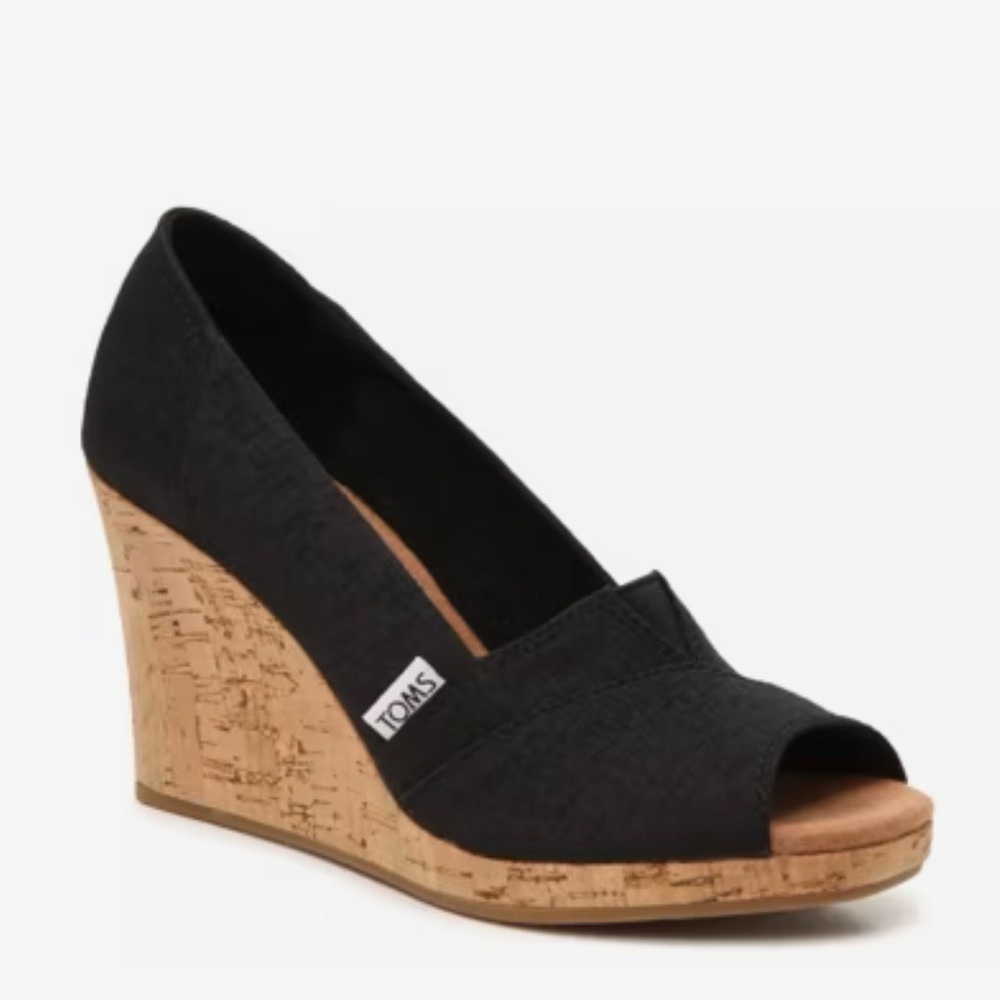 TOMS Classic Black Cork Wedge Peep-toe Sandals